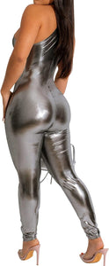 Metallic Silver One Shoulder Bodycon Jumpsuit