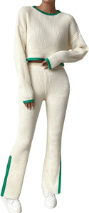 Soft Knit 2pc Ribbed Trim Off White Long Sleeve Top & Pants Set