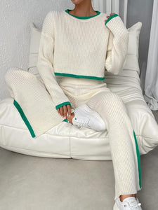 Soft Knit 2pc Ribbed Trim Off White Long Sleeve Top & Pants Set