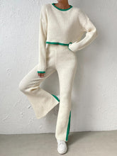 Load image into Gallery viewer, Soft Knit 2pc Ribbed Trim Off White Long Sleeve Top &amp; Pants Set