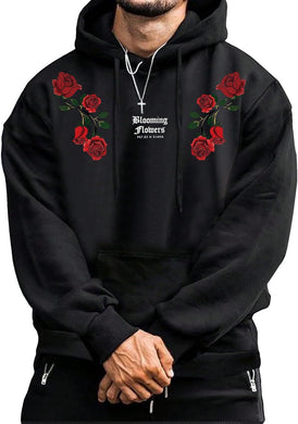 Men's Trendy Black Rose Long Sleeve Hoodie Pull Over Sweatshirt