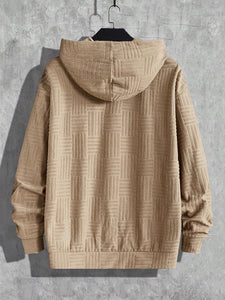Men's Textured Khaki Long Sleeve Hoodie Pull Over Sweatshirt
