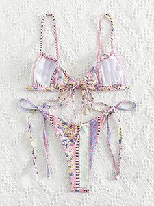 Pink Floral Strappy Triangle Cut Two Piece Bikini Swimsuit