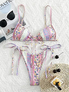 Pink Floral Strappy Triangle Cut Two Piece Bikini Swimsuit