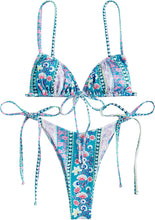 Load image into Gallery viewer, Blue Floral Dye Strappy Triangle Cut Two Piece Bikini Swimsuit