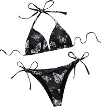 Load image into Gallery viewer, Black Butterfly Strappy Triangle Cut Two Piece Bikini Swimsuit