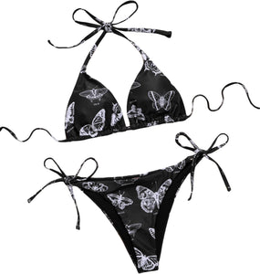 Black Floral Strappy Triangle Cut Two Piece Bikini Swimsuit