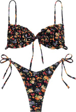 Load image into Gallery viewer, Black Floral Strappy Triangle Cut Two Piece Bikini Swimsuit