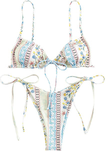 Blue Floral Dye Strappy Triangle Cut Two Piece Bikini Swimsuit