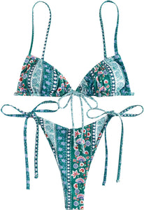 Teal Floral Strappy Triangle Cut Two Piece Bikini Swimsuit