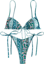 Load image into Gallery viewer, Teal Floral Dye Strappy Triangle Cut Two Piece Bikini Swimsuit