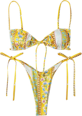 Yellow Floral Dye Strappy Triangle Cut Two Piece Bikini Swimsuit