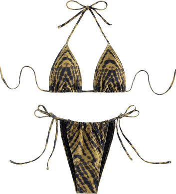 Dark Tie Dye Strappy Triangle Cut Two Piece Bikini Swimsuit