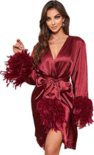 Load image into Gallery viewer, Beautiful Feathered Long Sleeve Satin Belted Night Time Robe