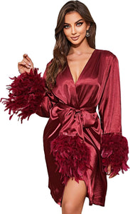 Beautiful Feathered Long Sleeve Satin Belted Night Time Robe