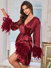 Load image into Gallery viewer, Beautiful Feathered Long Sleeve Satin Belted Night Time Robe