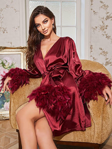 Beautiful Feathered Long Sleeve Satin Belted Night Time Robe