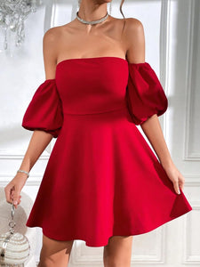 Pretty Puff Red Sleeve Strapless Flared Cocktail Dress