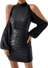 Load image into Gallery viewer, Black Sequin Open Shoulder Chiffon Mini Dress