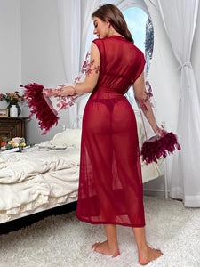 Wine Red Embroidered Mesh Fur Trim Belted Robe