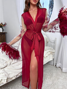 Wine Red Embroidered Mesh Fur Trim Belted Robe