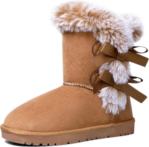 Faux Fur Winter Sand Bow Tie Suede Fluffy Boots