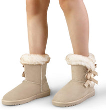 Load image into Gallery viewer, Faux Fur Winter Sand Bow Tie Suede Fluffy Boots