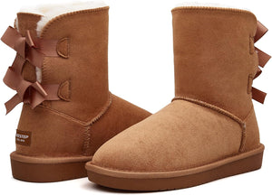 Stylish Back Bow Fur Lined Comfy Brown Suede Winter Boots