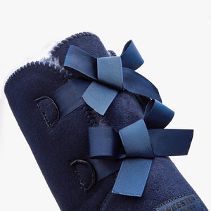 Stylish Back Bow Fur Lined Comfy Navy Blue Suede Winter Boots