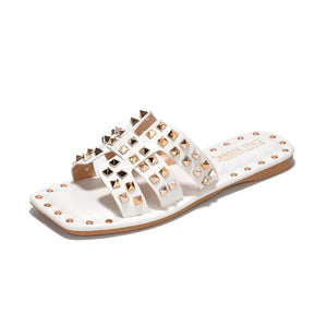 White Chic Stylish Studded Flat Summer Sandals