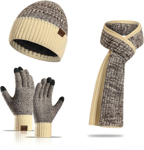 Winter Brown Thermal Knit Beanie Hat, Gloves & Scarf Set