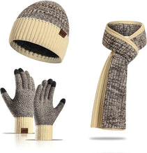 Load image into Gallery viewer, Winter Soft Black/Light Grey Thermal Knit Beanie Hat, Gloves &amp; Scarf Set