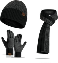 Load image into Gallery viewer, Winter Soft Black/Light Grey Thermal Knit Beanie Hat, Gloves &amp; Scarf Set