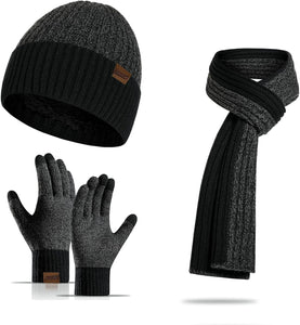 Winter Soft Beige/Brown Thermal Knit Beanie Hat, Gloves & Scarf Set