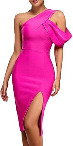 Lovely One Shoulder Draped Pink Midi Dress