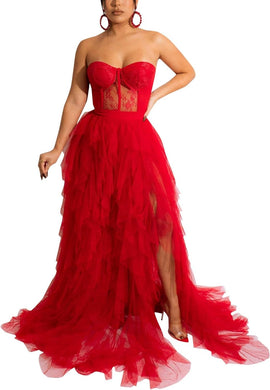 Red Lace Embroidered Tulle Mesh Layered Sweetheart Maxi Dress