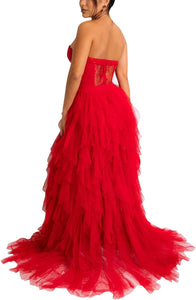 Red Lace Embroidered Tulle Mesh Layered Sweetheart Maxi Dress