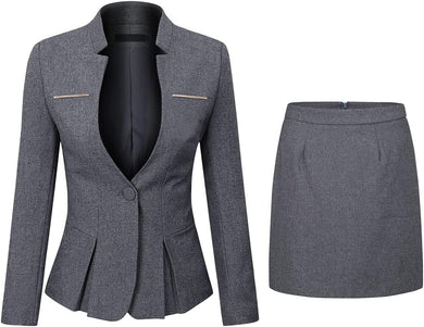 Polished Dark Grey Long Sleeve Business Blazer & Skirt Suit Set