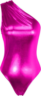 Metallic Fuschia Pink One Shoulder Shiny Leotard Sleeveless Bodysuit
