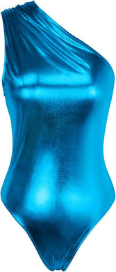 Metallic Turquoise One Shoulder Shiny Leotard Sleeveless Bodysuit