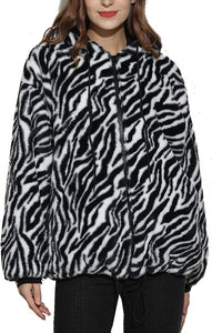 Faux Mink Dark Brown Zebra Printed Long Sleeve Hooded Fur Jacket