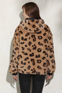 Faux Mink White Cheetah Printed Long Sleeve Hooded Fur Jacket