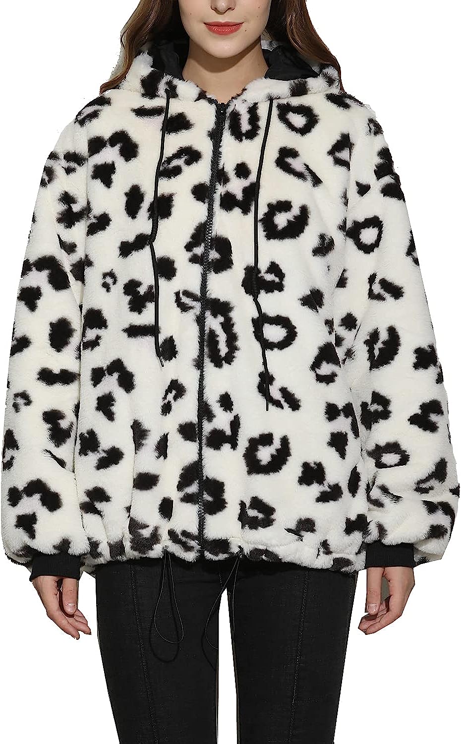 Faux Mink White Cheetah Printed Long Sleeve Hooded Fur Jacket