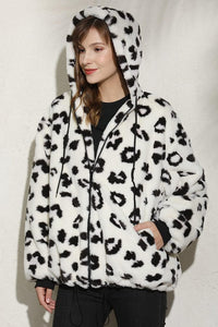 Faux Mink Dark Brown Zebra Printed Long Sleeve Hooded Fur Jacket