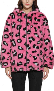 Faux Mink Brown Cheetah Printed Long Sleeve Hooded Fur Jacket