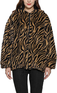 Faux Mink Black/White Zebra Printed Long Sleeve Hooded Fur Jacket