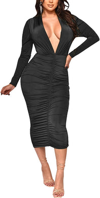 Ruched Black Deep V Long Sleeve Midi Dress