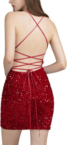 Red Velvet Sequin Lace Up Backless Party Dress