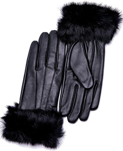 Real Leather Burgundy Red Buckle Winter Gloves w/Rabbit Fur Cuffs