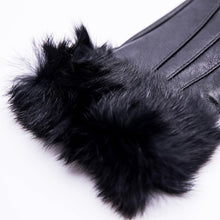 Load image into Gallery viewer, Real Leather Black Flat Winter Gloves w/Rabbit Fur Cuffs